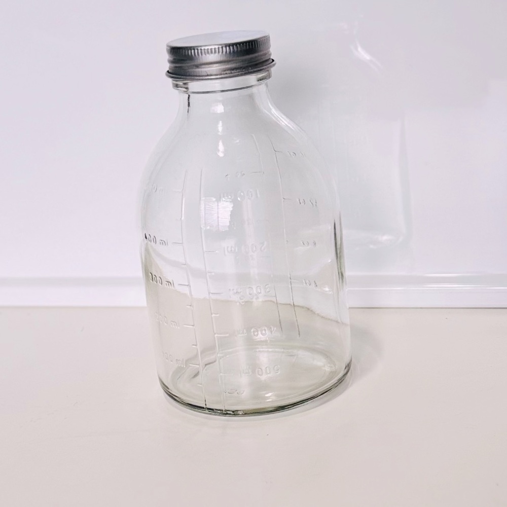VINTAGE Glass Measuring Jar Jug 6” Bottle w Silver Screw Cap